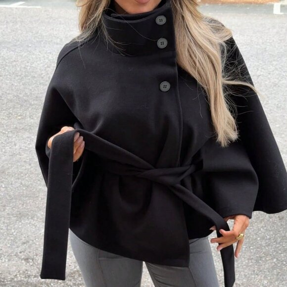 Black Elegant Women's Cloak With Stand Collar, Button Closure And Belt - Picture 5 of 5